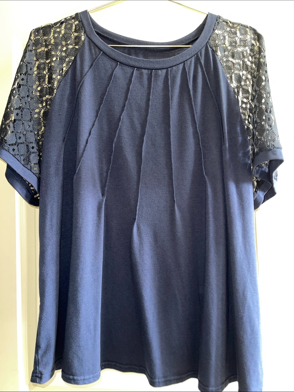SHEIN Navy Lace Sleeve Pleated Front Top